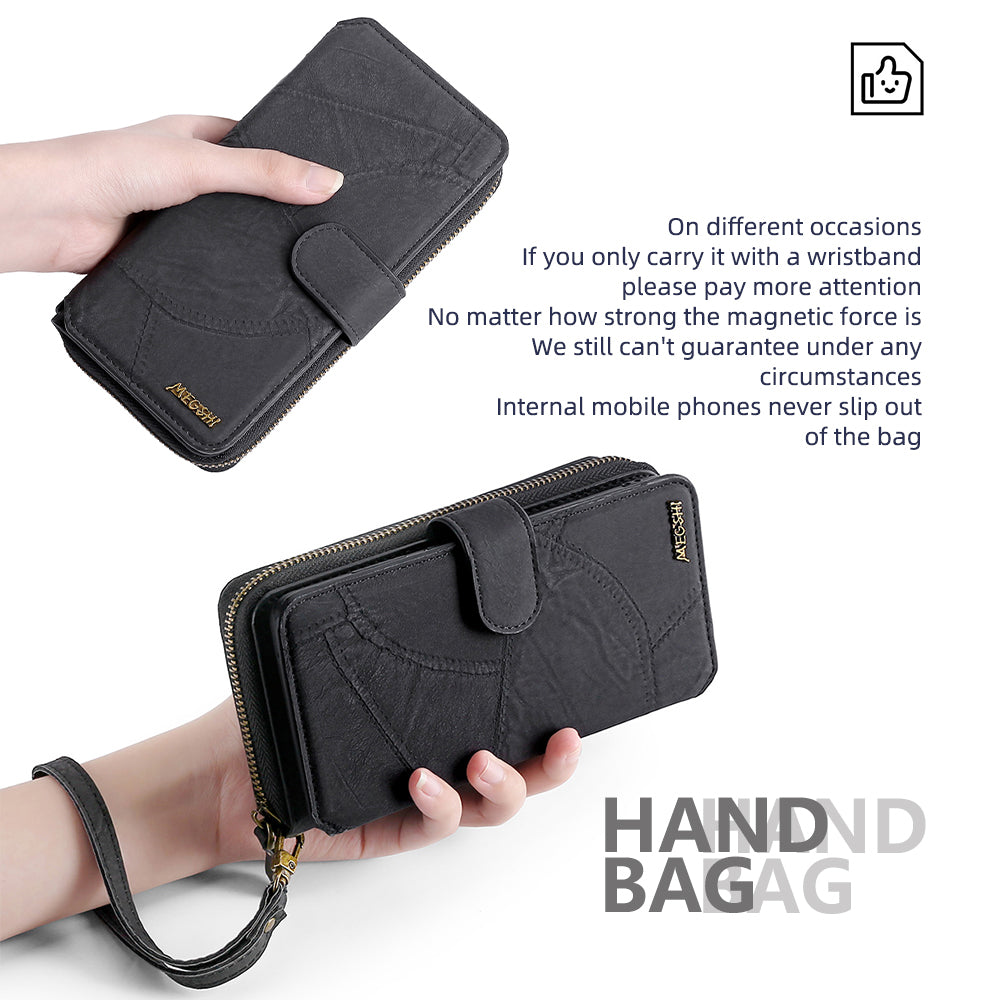MEGSHI 004 Series Scratch Resistant Magnetic Detachable Stand Design Zipper Pocket Shockproof PU Leather TPU Wallet Cover for iPhone 13 Pro Max 6.7 inch