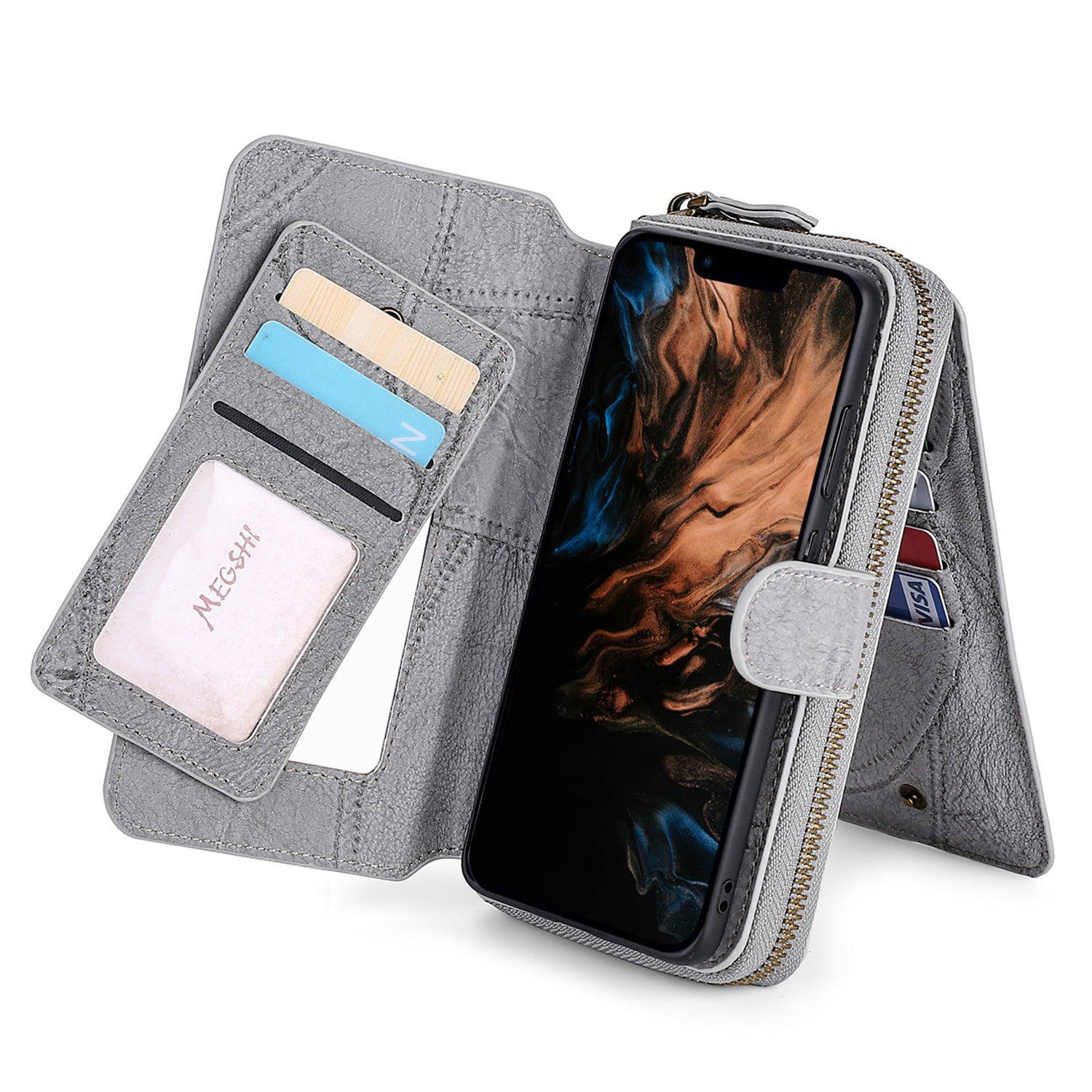 MEGSHI 004 Series Scratch Resistant Magnetic Detachable Stand Design Zipper Pocket Shockproof PU Leather TPU Wallet Cover for iPhone 13 Pro Max 6.7 inch