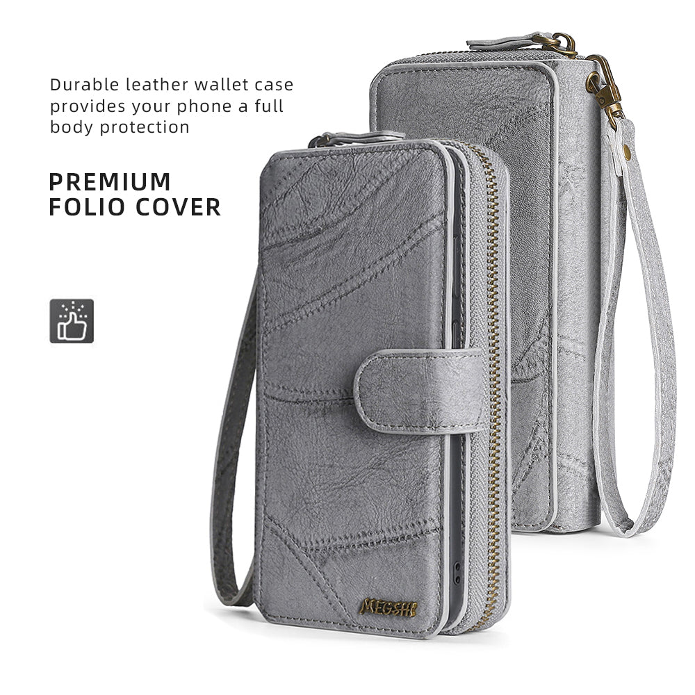 MEGSHI 004 Series Scratch Resistant Magnetic Detachable Stand Design Zipper Pocket Shockproof PU Leather TPU Wallet Cover for iPhone 13 Pro Max 6.7 inch