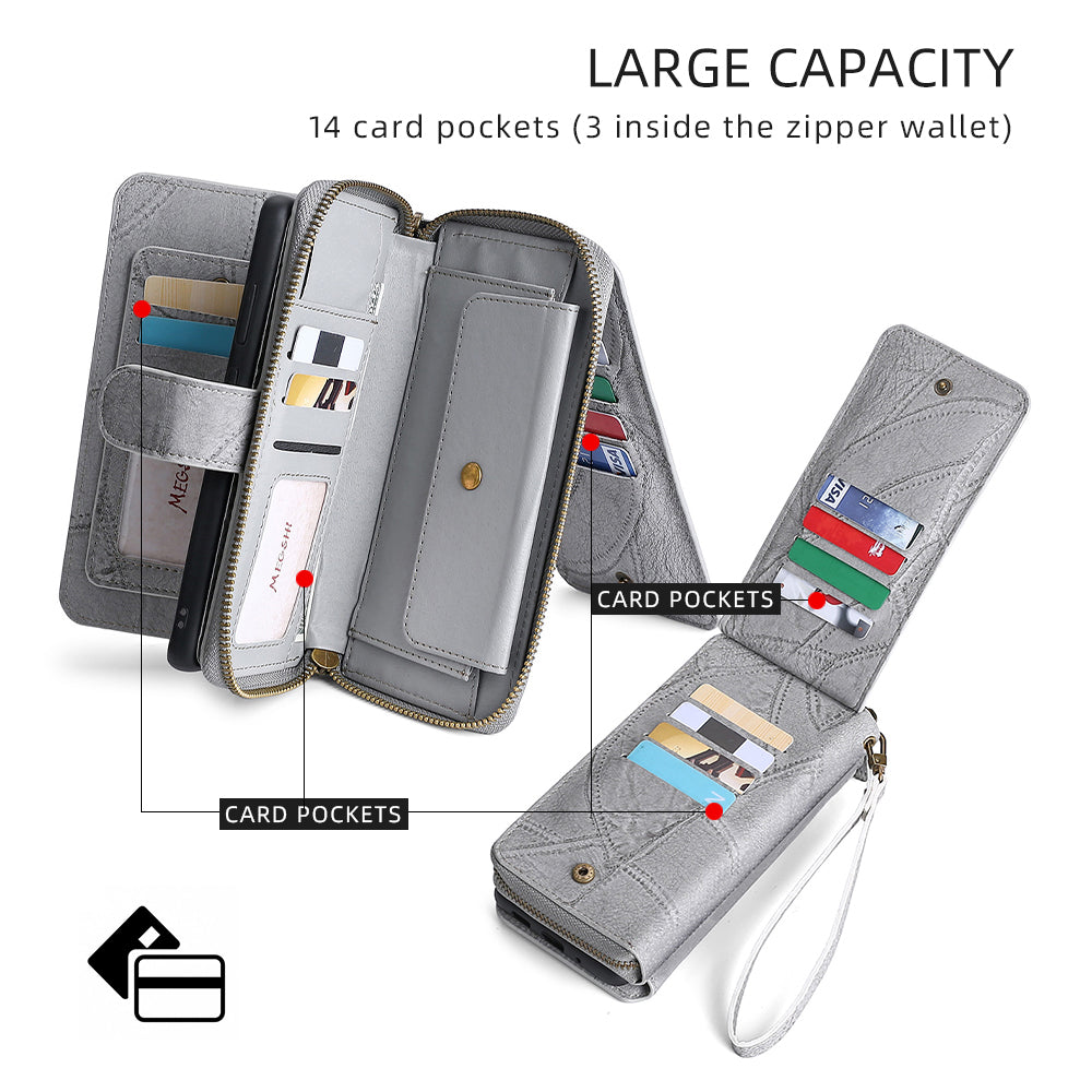MEGSHI 004 Series Scratch Resistant Magnetic Detachable Stand Design Zipper Pocket Shockproof PU Leather TPU Wallet Cover for iPhone 13 Pro Max 6.7 inch