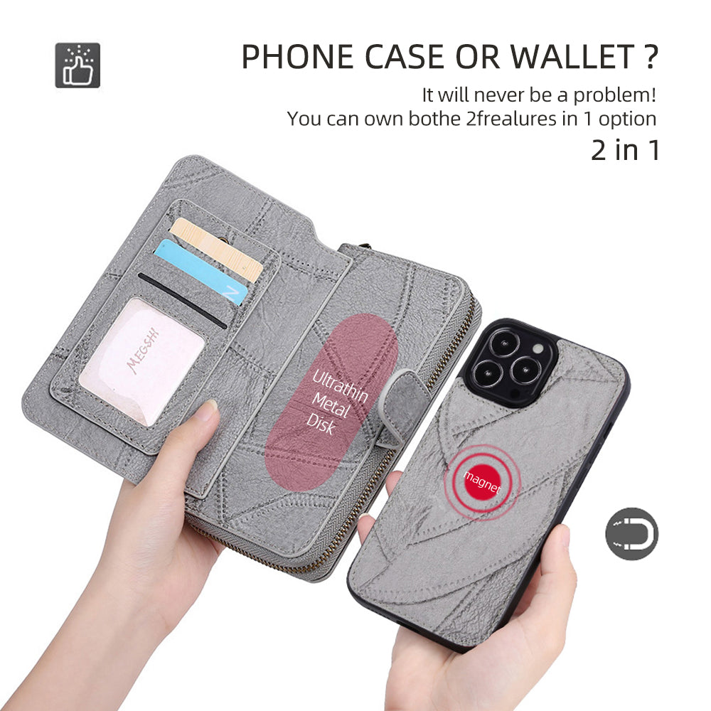 MEGSHI 004 Series Scratch Resistant Magnetic Detachable Stand Design Zipper Pocket Shockproof PU Leather TPU Wallet Cover for iPhone 13 Pro Max 6.7 inch