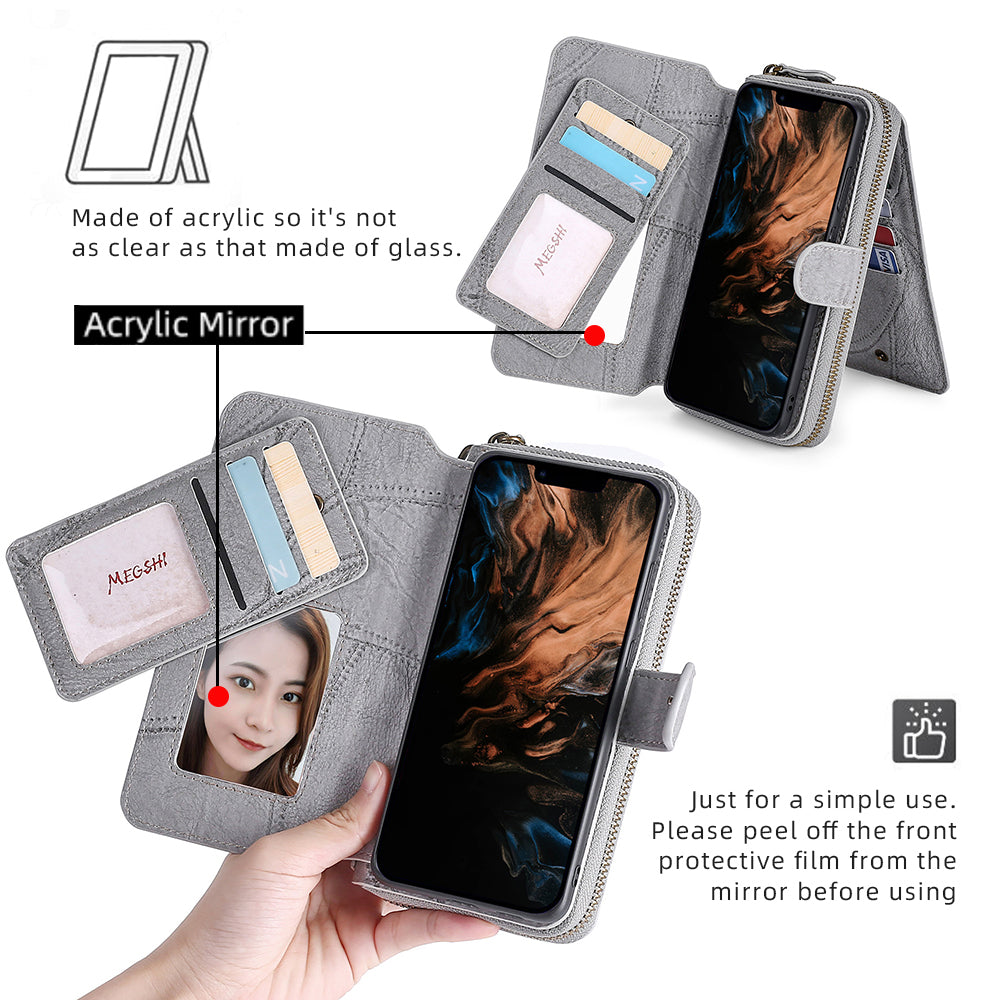 MEGSHI 004 Series Scratch Resistant Magnetic Detachable Stand Design Zipper Pocket Shockproof PU Leather TPU Wallet Cover for iPhone 13 Pro Max 6.7 inch
