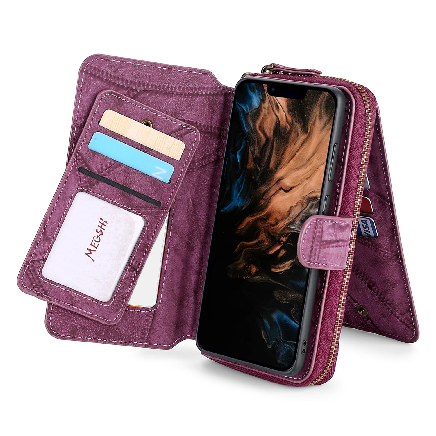 MEGSHI 004 Series Scratch Resistant Magnetic Detachable Stand Design Zipper Pocket Shockproof PU Leather TPU Wallet Cover for iPhone 13 Pro Max 6.7 inch