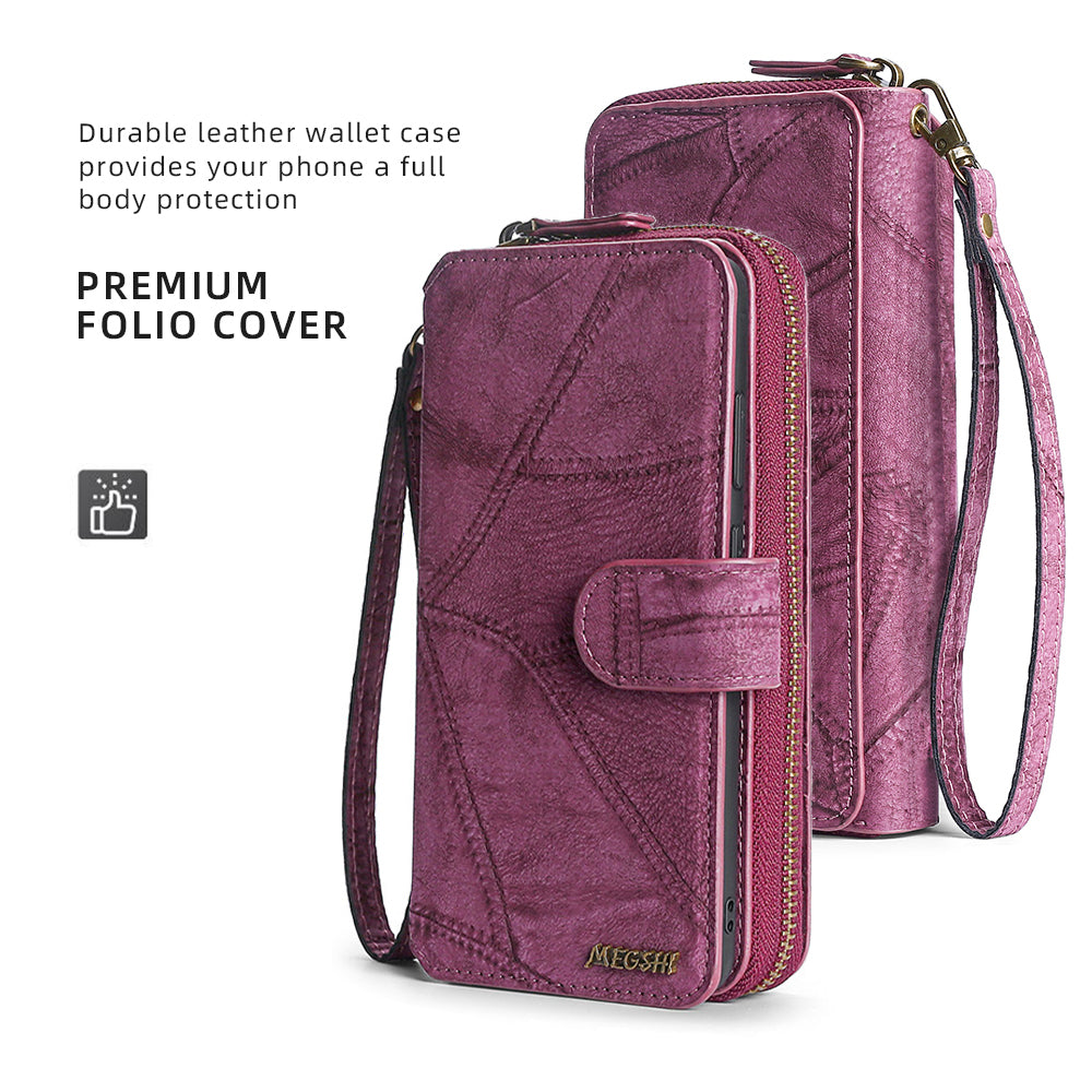 MEGSHI 004 Series Scratch Resistant Magnetic Detachable Stand Design Zipper Pocket Shockproof PU Leather TPU Wallet Cover for iPhone 13 Pro Max 6.7 inch