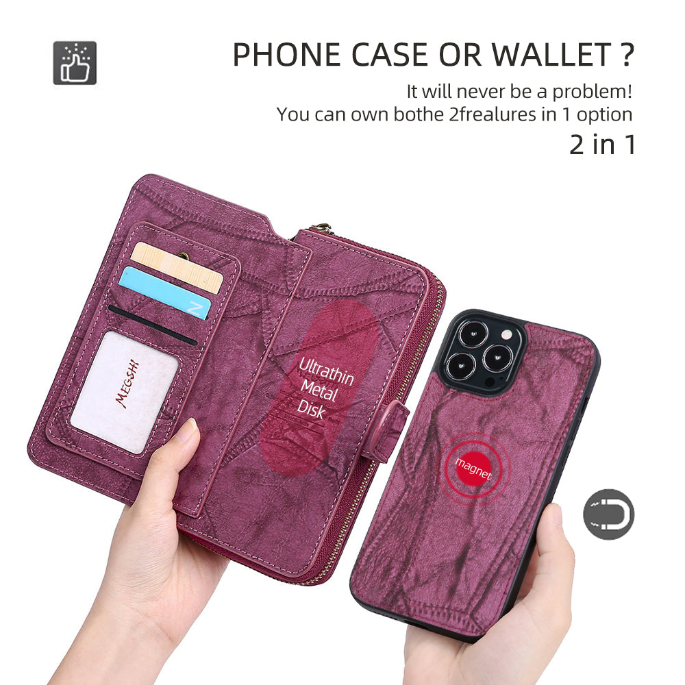 MEGSHI 004 Series Scratch Resistant Magnetic Detachable Stand Design Zipper Pocket Shockproof PU Leather TPU Wallet Cover for iPhone 13 Pro Max 6.7 inch