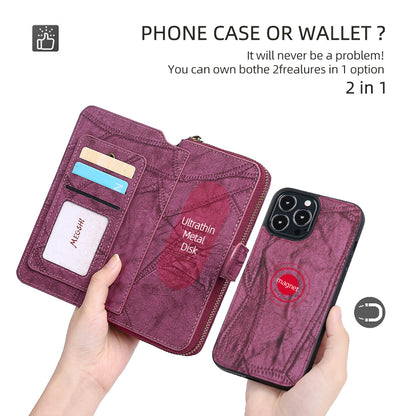 MEGSHI 004 Series Scratch Resistant Magnetic Detachable Stand Design Zipper Pocket Shockproof PU Leather TPU Wallet Cover for iPhone 13 Pro Max 6.7 inch