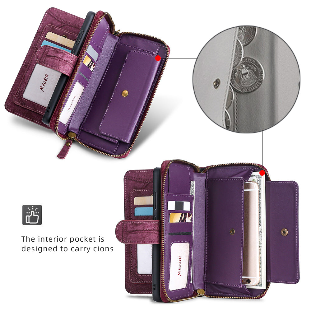 MEGSHI 004 Series Scratch Resistant Magnetic Detachable Stand Design Zipper Pocket Shockproof PU Leather TPU Wallet Cover for iPhone 13 Pro Max 6.7 inch