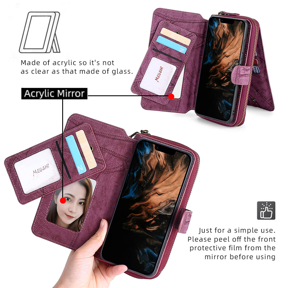 MEGSHI 004 Series Scratch Resistant Magnetic Detachable Stand Design Zipper Pocket Shockproof PU Leather TPU Wallet Cover for iPhone 13 Pro Max 6.7 inch