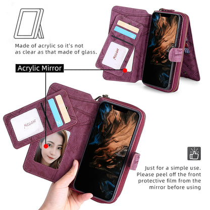 MEGSHI 004 Series Scratch Resistant Magnetic Detachable Stand Design Zipper Pocket Shockproof PU Leather TPU Wallet Cover for iPhone 13 Pro Max 6.7 inch