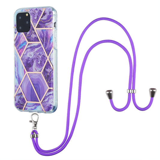 2.0mm TPU Phone Cover Scratch-Resistant Electroplating IMD Marble Splicing Pattern + Lanyard for iPhone 11 Pro 5.8 inch