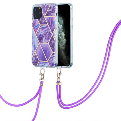 2.0mm TPU Phone Cover Scratch-Resistant Electroplating IMD Marble Splicing Pattern + Lanyard for iPhone 11 Pro 5.8 inch