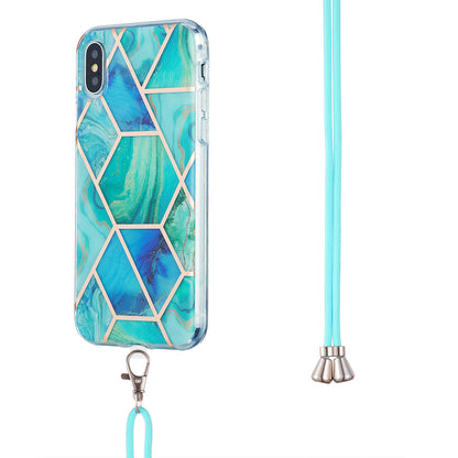 2.0mm IMD TPU Phone Cover + Lanyard Splicing Marble Pattern Electroplating Ultra Slim Case for iPhone X/XS 5.8 inch