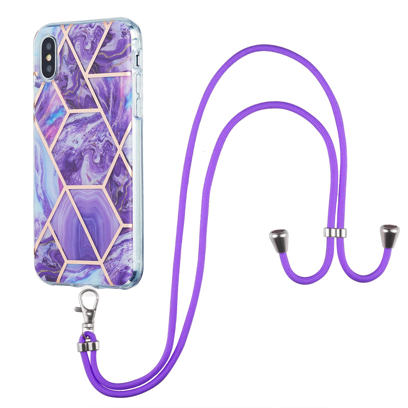 2.0mm IMD TPU Phone Cover + Lanyard Splicing Marble Pattern Electroplating Ultra Slim Case for iPhone X/XS 5.8 inch
