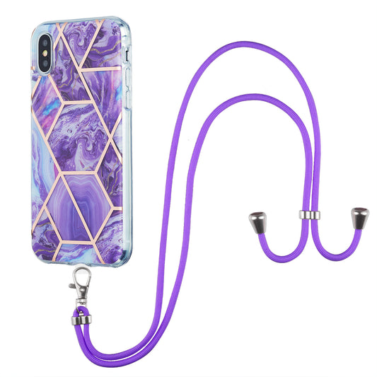 2.0mm IMD TPU Phone Cover + Lanyard Splicing Marble Pattern Electroplating Ultra Slim Case for iPhone X/XS 5.8 inch