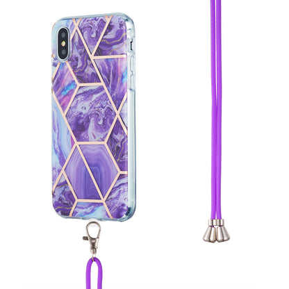 2.0mm IMD TPU Phone Cover + Lanyard Splicing Marble Pattern Electroplating Ultra Slim Case for iPhone X/XS 5.8 inch