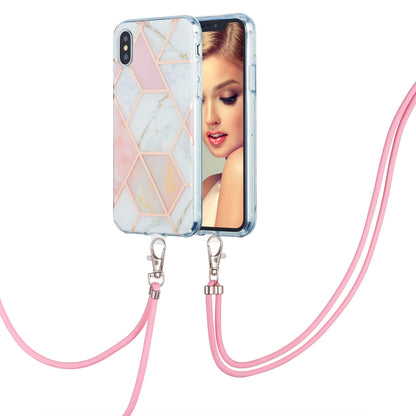 2.0mm IMD TPU Phone Cover + Lanyard Splicing Marble Pattern Electroplating Ultra Slim Case for iPhone X/XS 5.8 inch
