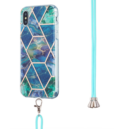2.0mm IMD TPU Phone Cover + Lanyard Splicing Marble Pattern Electroplating Ultra Slim Case for iPhone X/XS 5.8 inch
