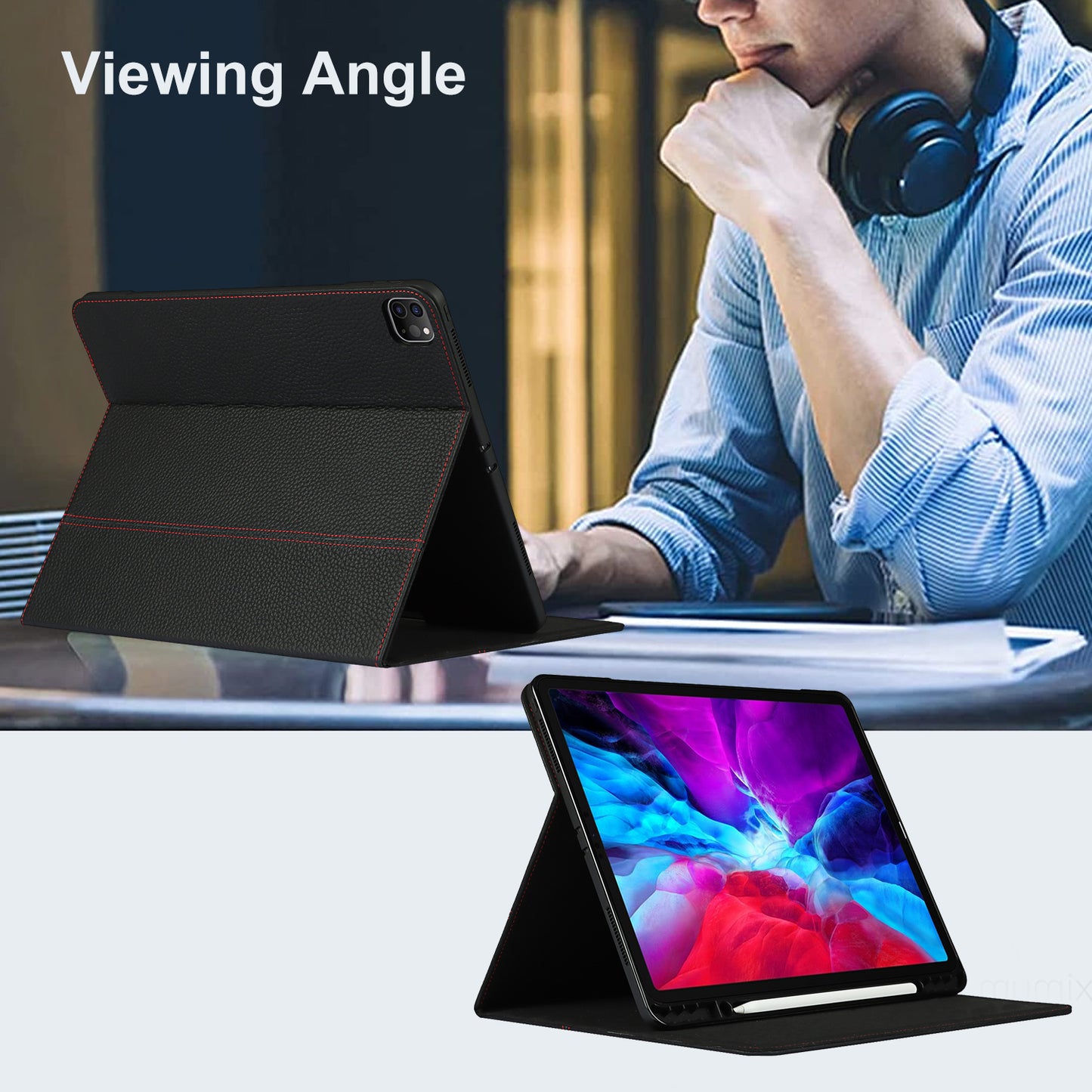 Litchi Texture Genuine Leather Stand Design Well-protected Wake/Sleep Function Tablet Case for Apple iPad Pro 12.9-inch (2021)
