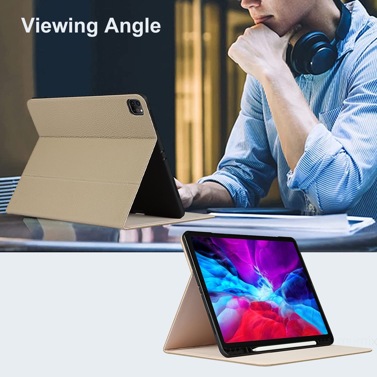 Litchi Texture Genuine Leather Stand Design Well-protected Wake/Sleep Function Tablet Case for Apple iPad Pro 12.9-inch (2021)