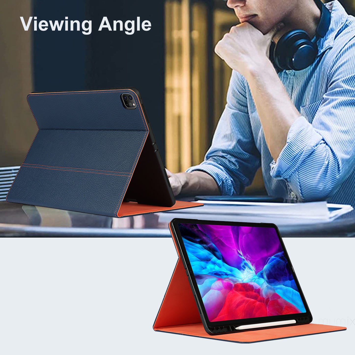 Litchi Texture Genuine Leather Stand Design Well-protected Wake/Sleep Function Tablet Case for Apple iPad Pro 12.9-inch (2021)