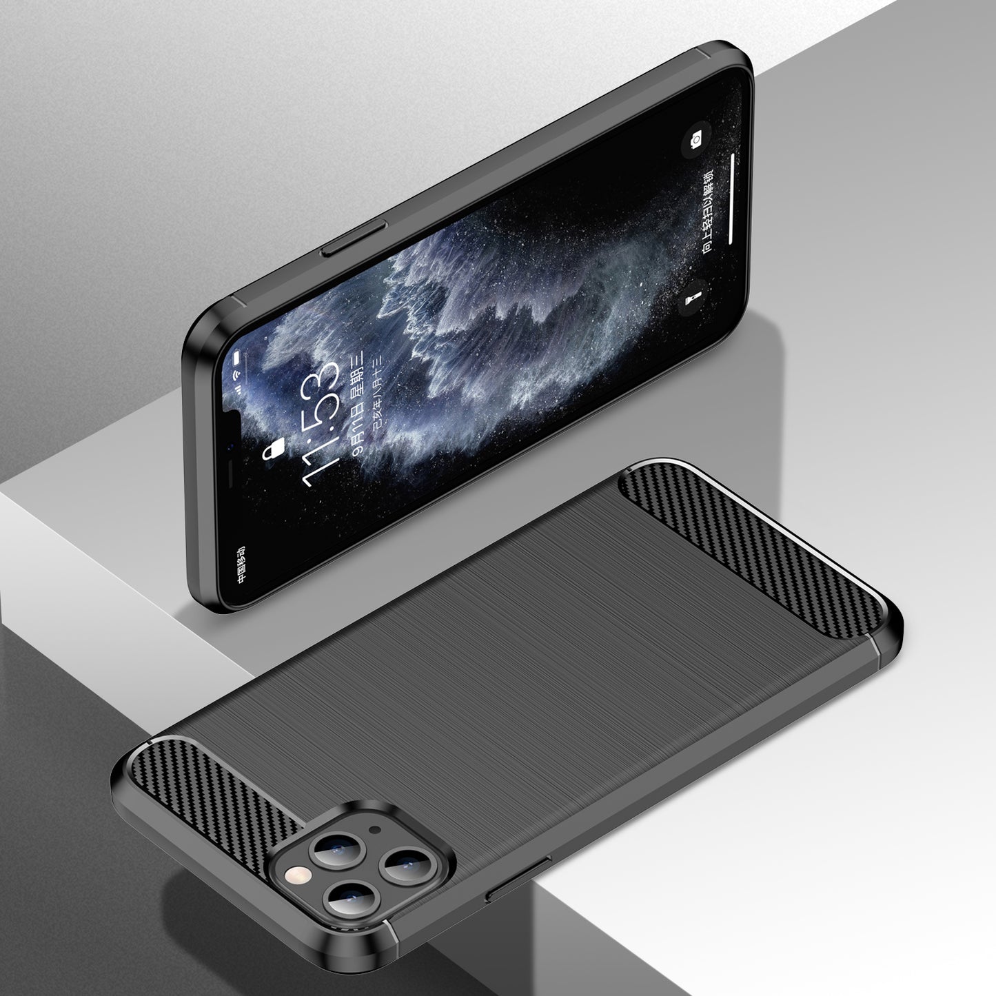 1.8mm Carbon Fiber Brushed Texture Soft TPU Back Case Mobile Phone Cover for iPhone 11 Pro Max 6.5 inch
