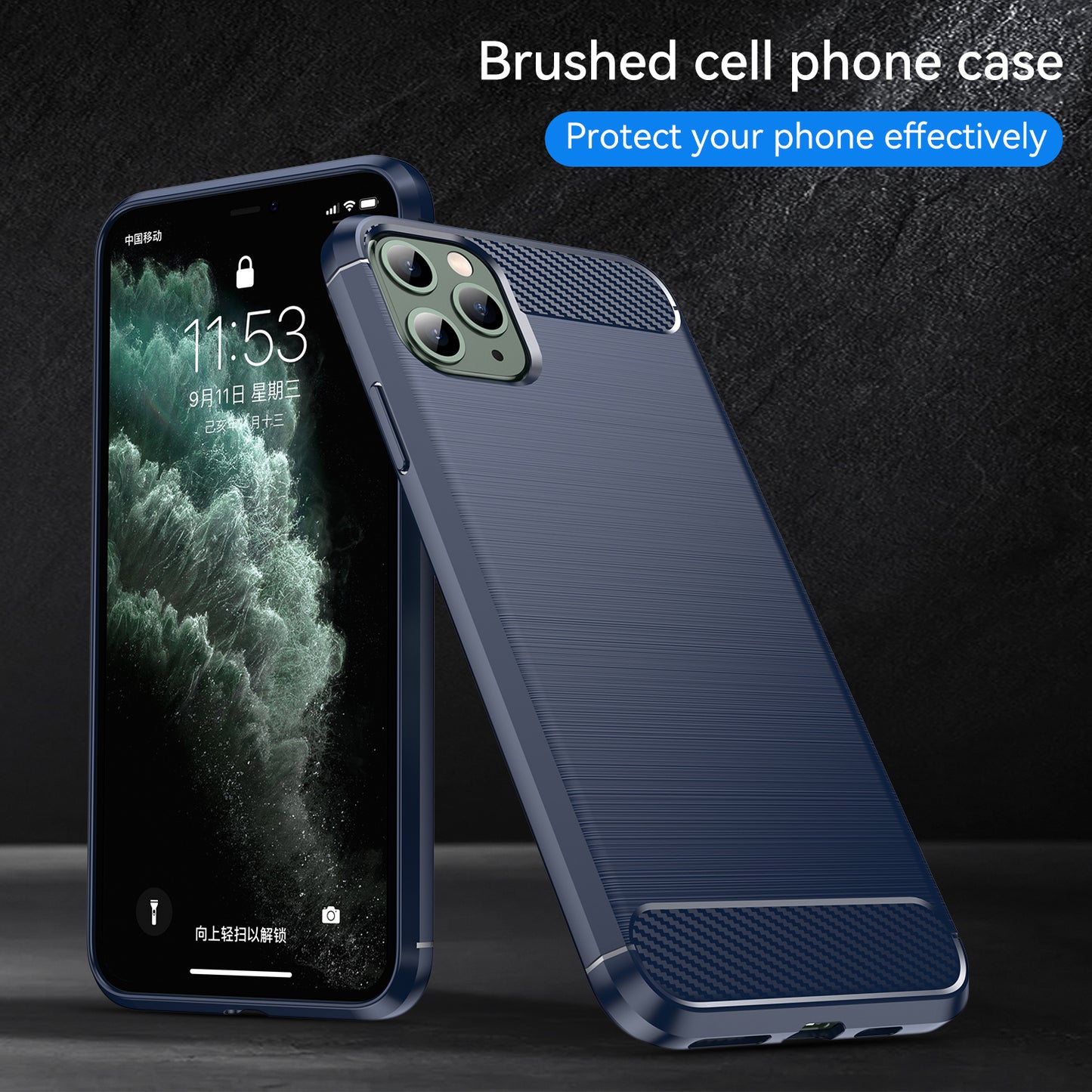 1.8mm Carbon Fiber Brushed Texture Shock Absorption TPU Back Case Mobile Phone Cover for iPhone 11 Pro 5.8 inch