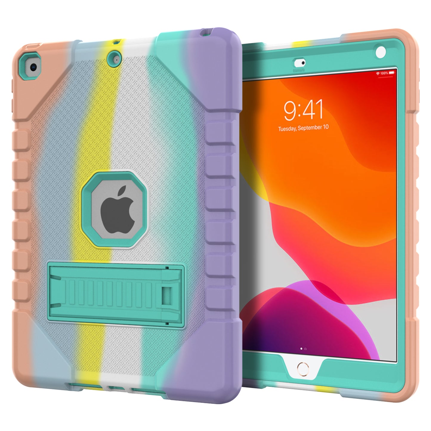 For iPad 10.2 (2021)/(2020)/(2019) Rainbow Design Tablet Cover Anti-fall Protection PC + Silicone Hybrid Case with Kickstand