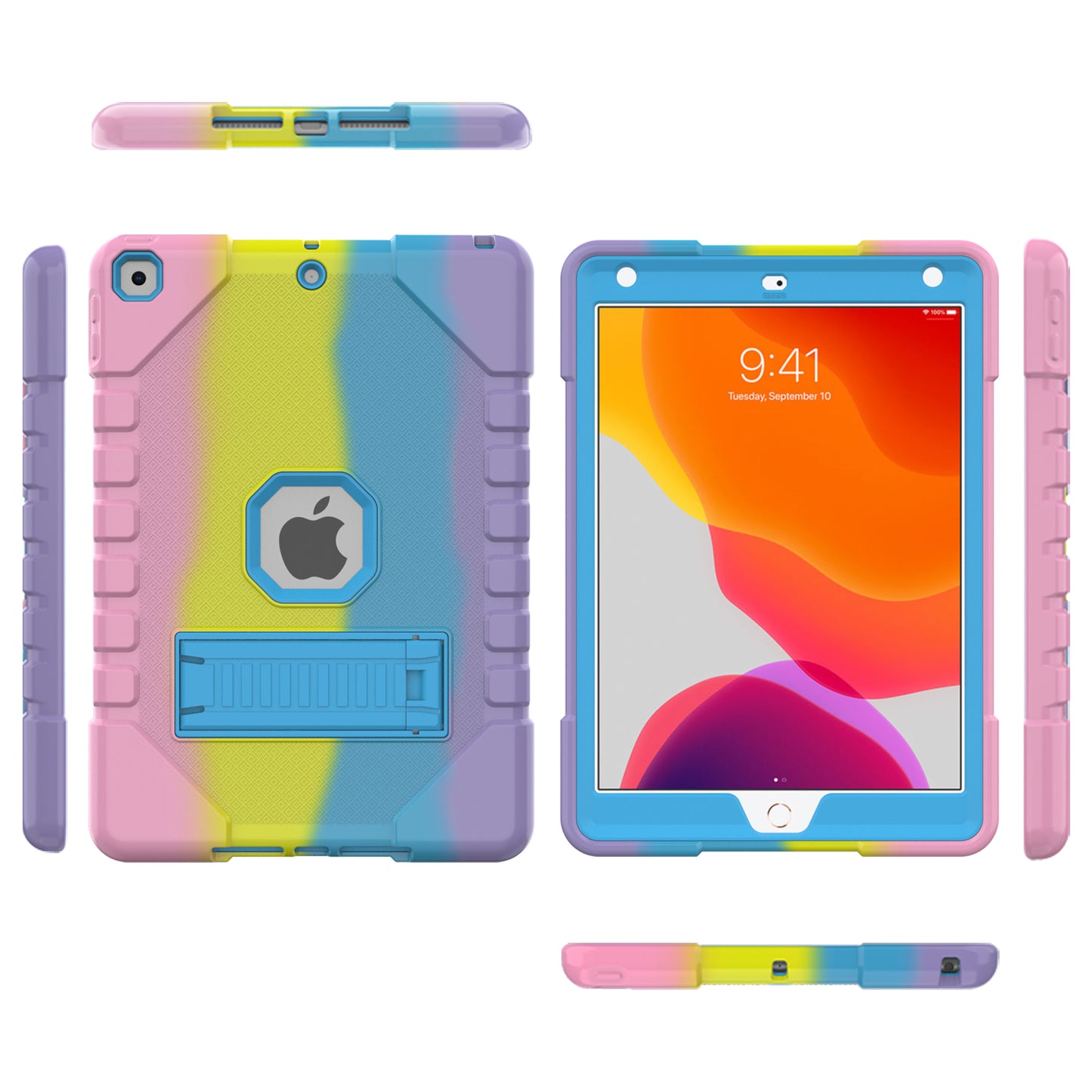 For iPad 10.2 (2021)/(2020)/(2019) Rainbow Design Tablet Cover Anti-fall Protection PC + Silicone Hybrid Case with Kickstand