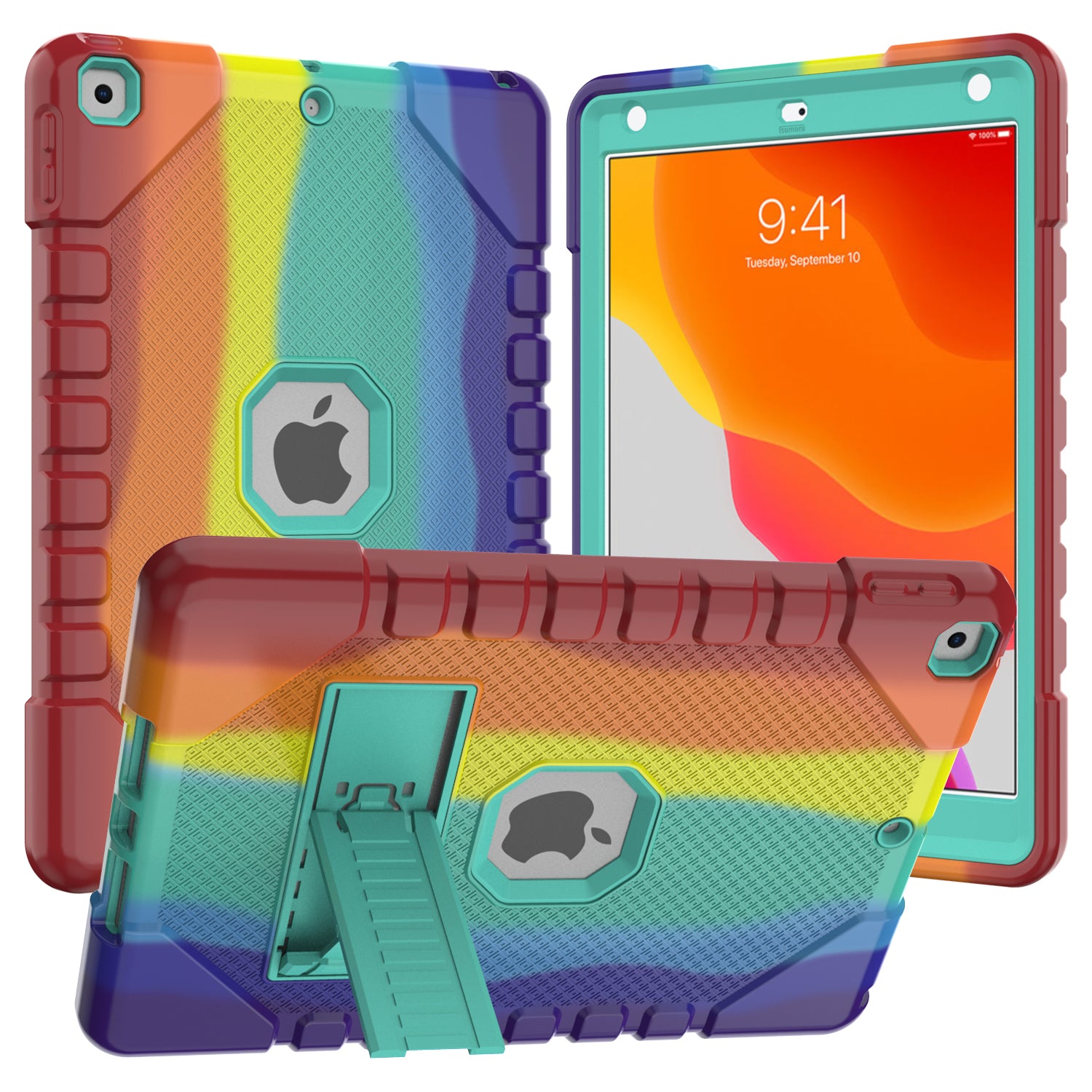 For iPad 10.2 (2021)/(2020)/(2019) Rainbow Design Tablet Cover Anti-fall Protection PC + Silicone Hybrid Case with Kickstand