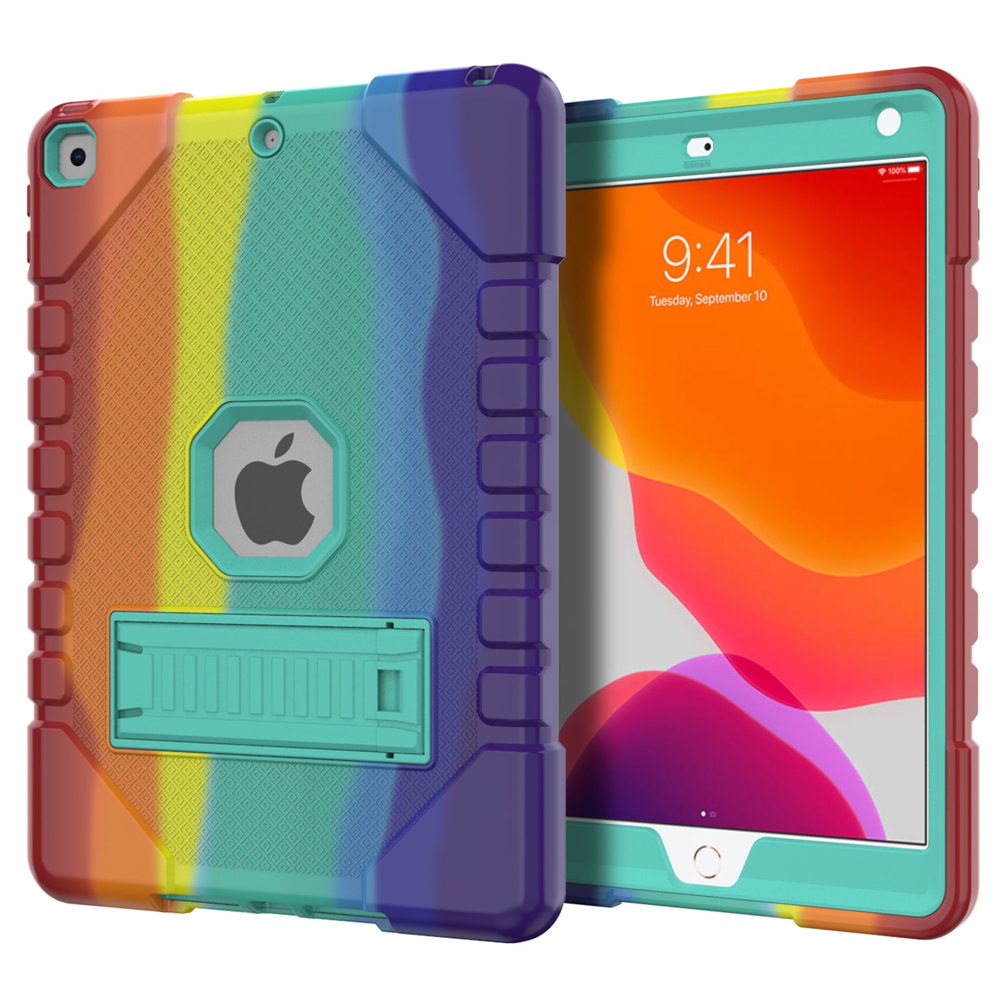 For iPad 10.2 (2021)/(2020)/(2019) Rainbow Design Tablet Cover Anti-fall Protection PC + Silicone Hybrid Case with Kickstand