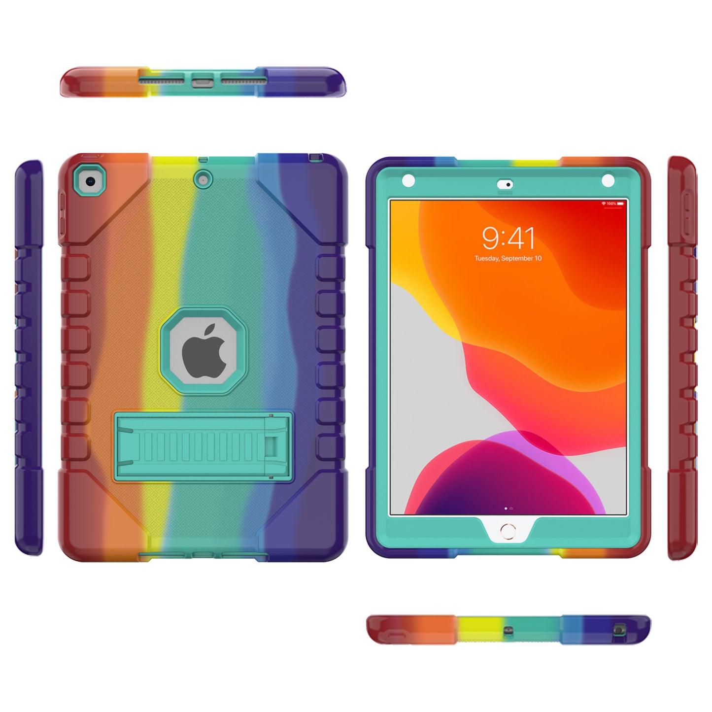 For iPad 10.2 (2021)/(2020)/(2019) Rainbow Design Tablet Cover Anti-fall Protection PC + Silicone Hybrid Case with Kickstand