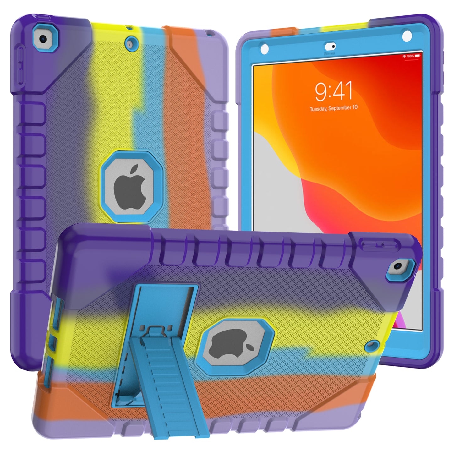 For iPad 10.2 (2021)/(2020)/(2019) Rainbow Design Tablet Cover Anti-fall Protection PC + Silicone Hybrid Case with Kickstand