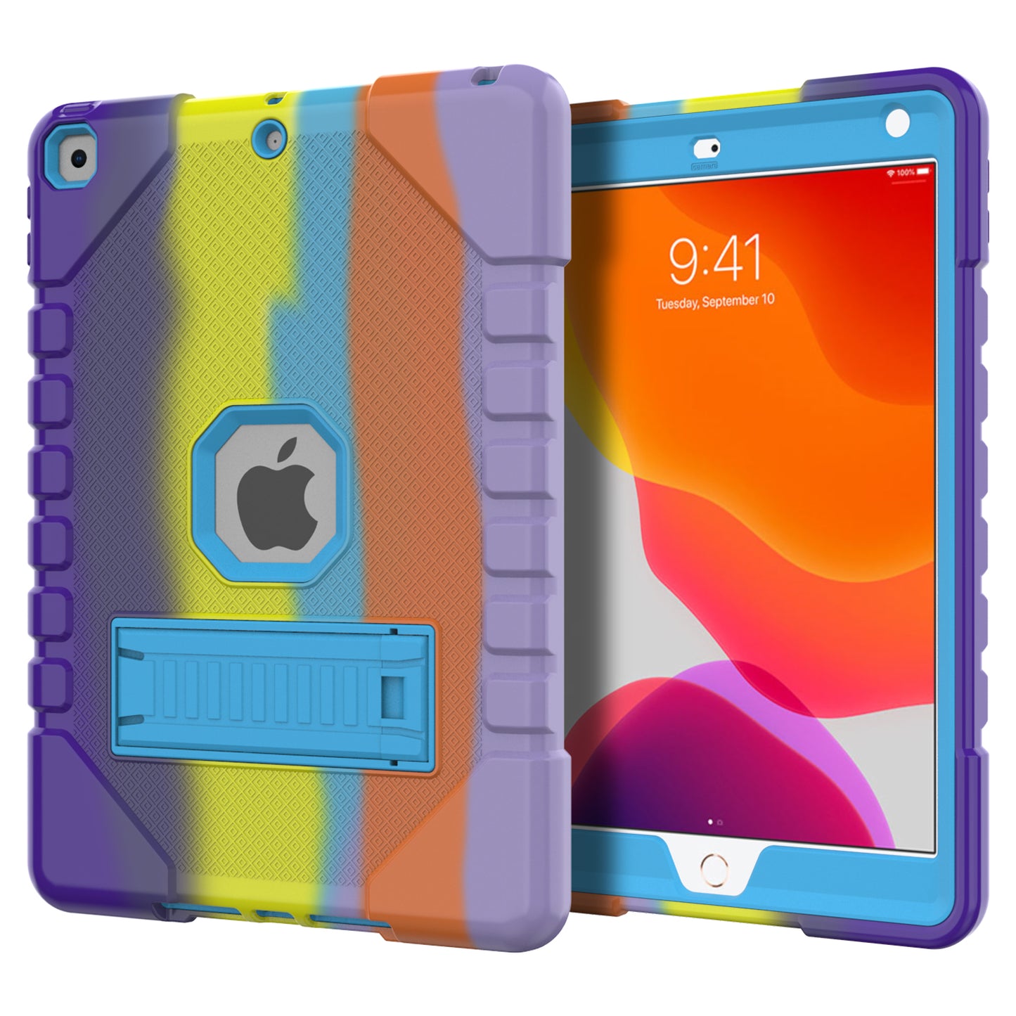 For iPad 10.2 (2021)/(2020)/(2019) Rainbow Design Tablet Cover Anti-fall Protection PC + Silicone Hybrid Case with Kickstand