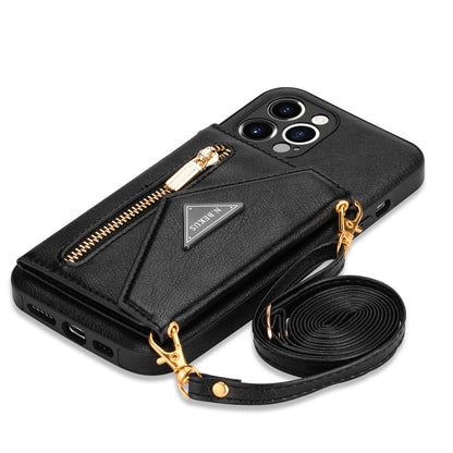 N.BEKUS for iPhone 13 Pro 6.1 inch Anti-scratch Drop-proof Kickstand Design Wallet PU Leather + TPU Phone Shell Case with Long Lanyard