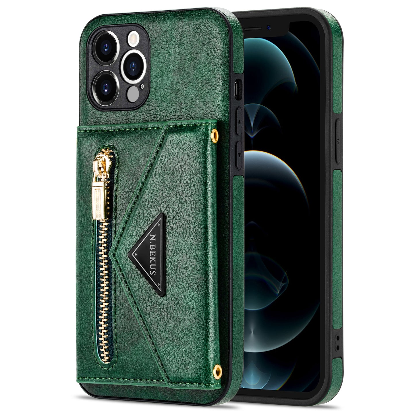 N.BEKUS for iPhone 13 Pro 6.1 inch Anti-scratch Drop-proof Kickstand Design Wallet PU Leather + TPU Phone Shell Case with Long Lanyard