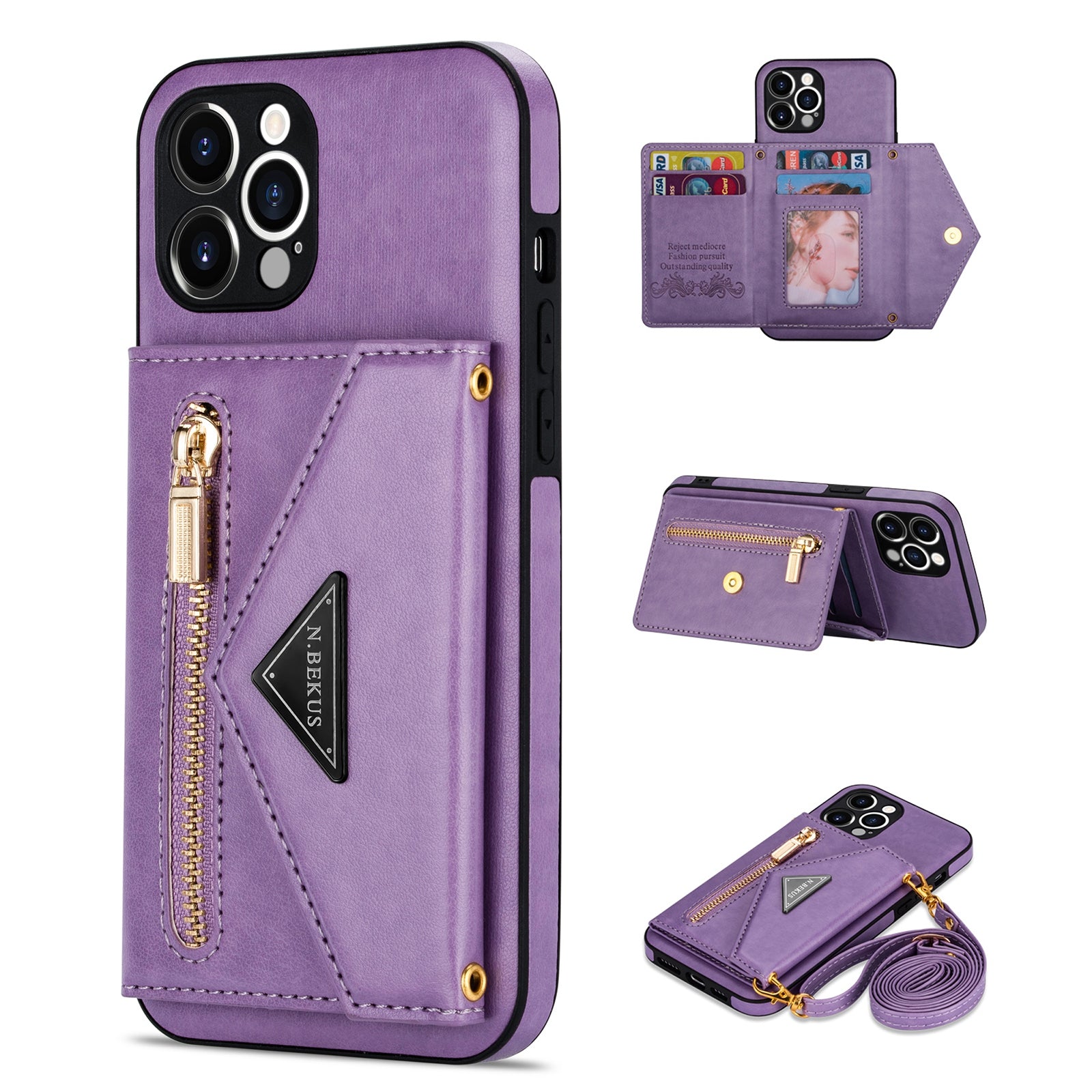 N.BEKUS for iPhone 13 Pro 6.1 inch Anti-scratch Drop-proof Kickstand Design Wallet PU Leather + TPU Phone Shell Case with Long Lanyard