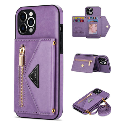 N.BEKUS for iPhone 13 Pro 6.1 inch Anti-scratch Drop-proof Kickstand Design Wallet PU Leather + TPU Phone Shell Case with Long Lanyard