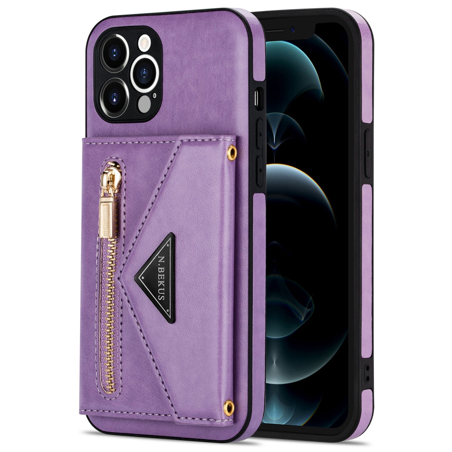 N.BEKUS for iPhone 13 Pro 6.1 inch Anti-scratch Drop-proof Kickstand Design Wallet PU Leather + TPU Phone Shell Case with Long Lanyard
