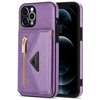 N.BEKUS for iPhone 13 Pro 6.1 inch Anti-scratch Drop-proof Kickstand Design Wallet PU Leather + TPU Phone Shell Case with Long Lanyard