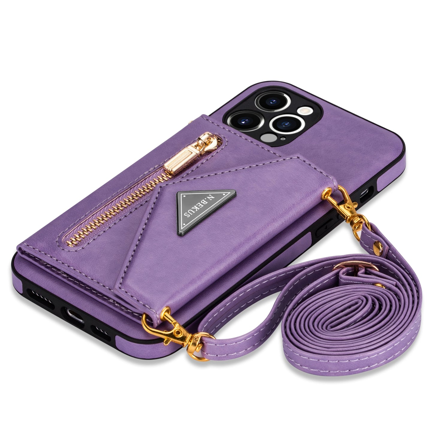 N.BEKUS for iPhone 13 Pro 6.1 inch Anti-scratch Drop-proof Kickstand Design Wallet PU Leather + TPU Phone Shell Case with Long Lanyard