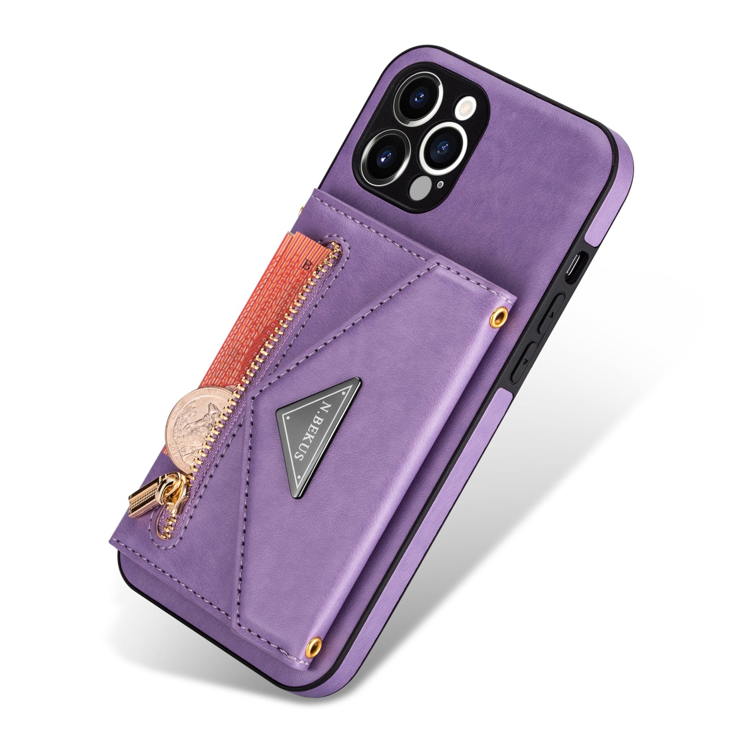 N.BEKUS for iPhone 13 Pro 6.1 inch Anti-scratch Drop-proof Kickstand Design Wallet PU Leather + TPU Phone Shell Case with Long Lanyard