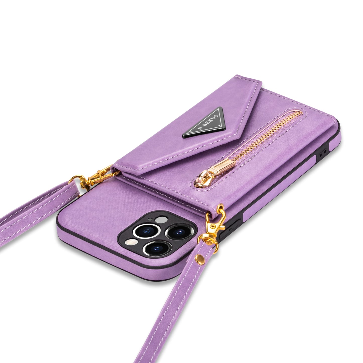 N.BEKUS for iPhone 13 Pro 6.1 inch Anti-scratch Drop-proof Kickstand Design Wallet PU Leather + TPU Phone Shell Case with Long Lanyard