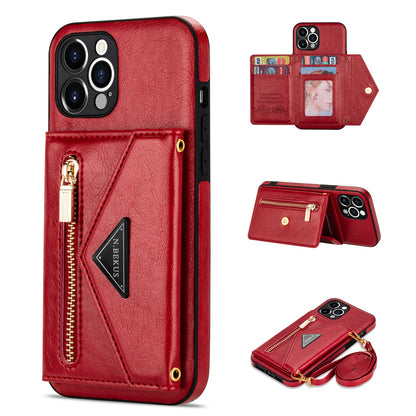 N.BEKUS for iPhone 13 Pro 6.1 inch Anti-scratch Drop-proof Kickstand Design Wallet PU Leather + TPU Phone Shell Case with Long Lanyard