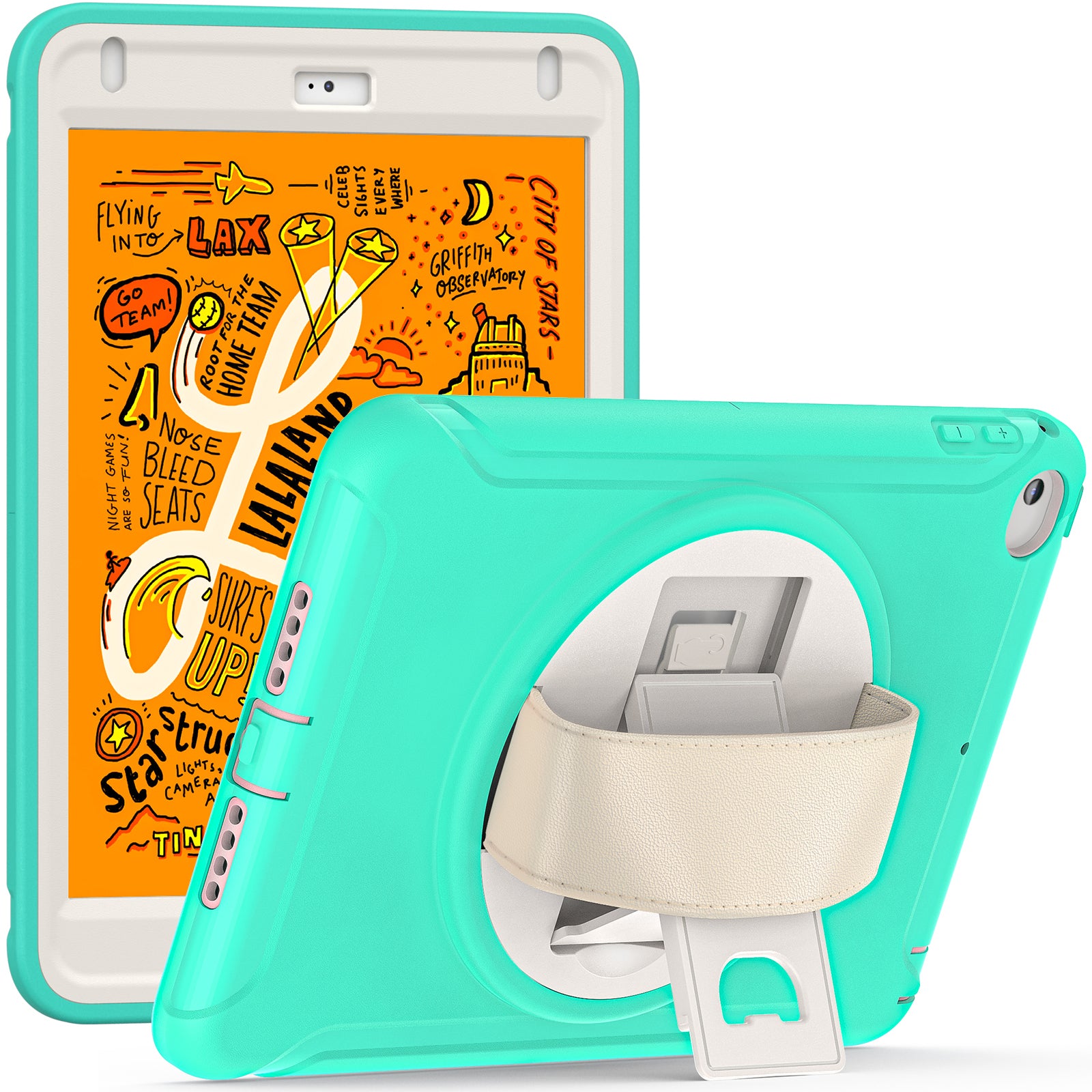 For iPad mini (2019) 7.9 inch/iPad mini 4 Rotary Kickstand PC + Silicone Hybrid Cover Anti-drop Tablet Case with Hand Strap