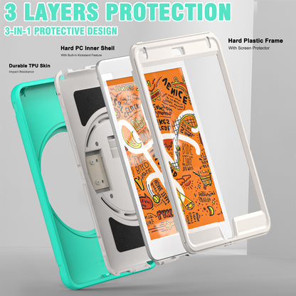 For iPad mini (2019) 7.9 inch/iPad mini 4 Rotary Kickstand PC + Silicone Hybrid Cover Anti-drop Tablet Case with Hand Strap