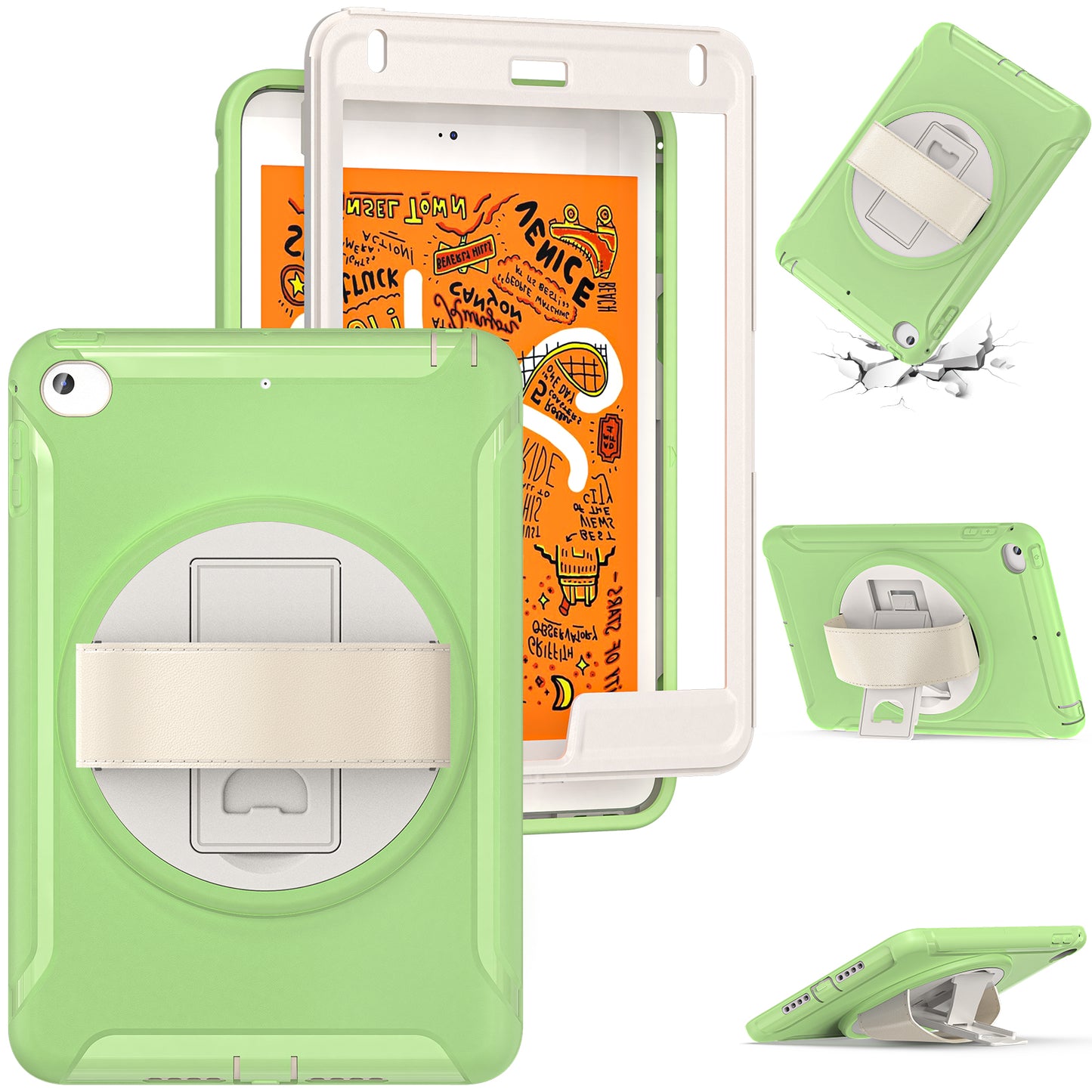For iPad mini (2019) 7.9 inch/iPad mini 4 Rotary Kickstand PC + Silicone Hybrid Cover Anti-drop Tablet Case with Hand Strap