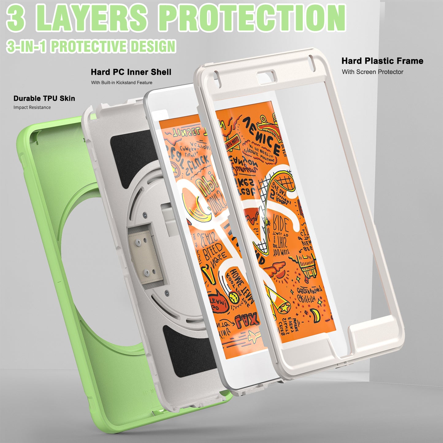 For iPad mini (2019) 7.9 inch/iPad mini 4 Rotary Kickstand PC + Silicone Hybrid Cover Anti-drop Tablet Case with Hand Strap
