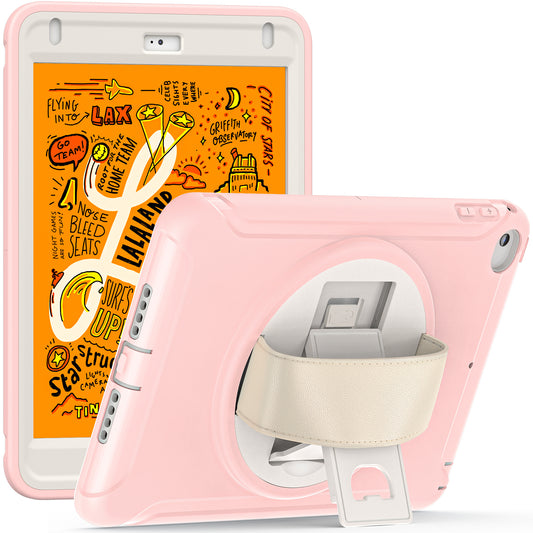 For iPad mini (2019) 7.9 inch/iPad mini 4 Rotary Kickstand PC + Silicone Hybrid Cover Anti-drop Tablet Case with Hand Strap