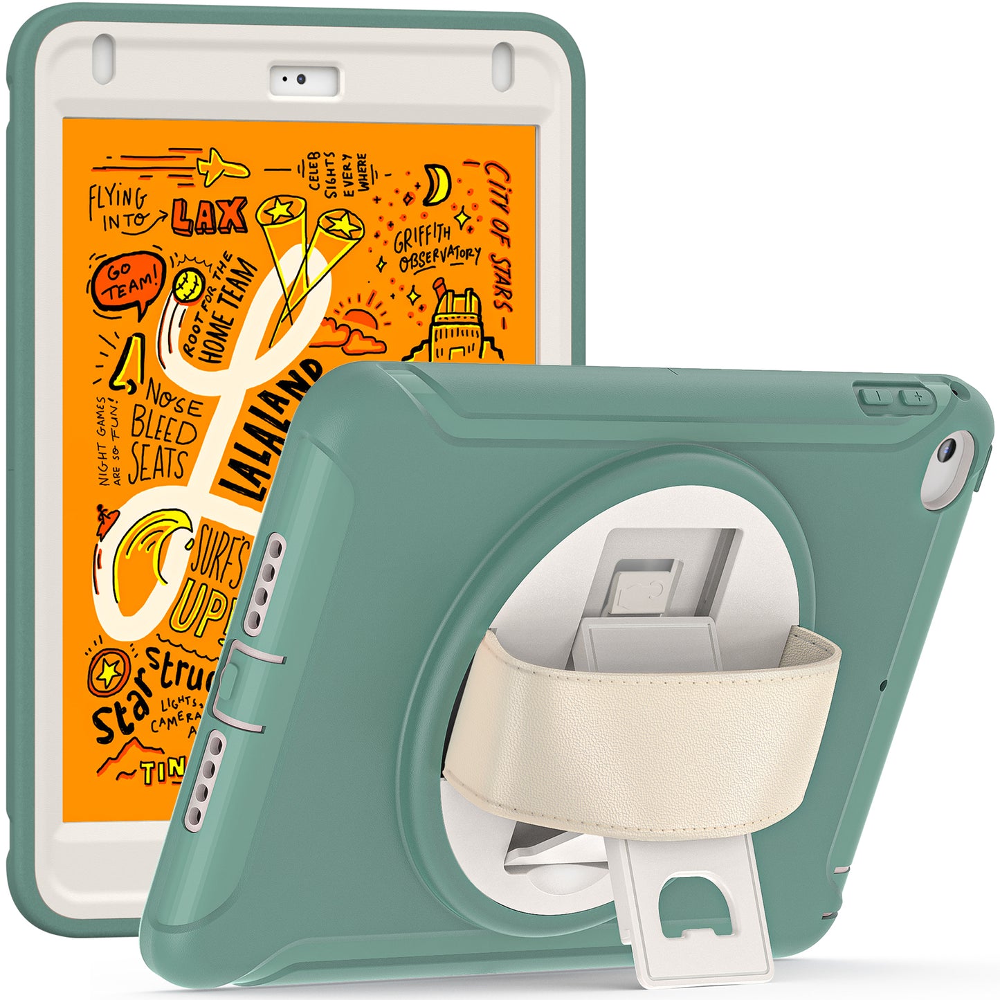 For iPad mini (2019) 7.9 inch/iPad mini 4 Rotary Kickstand PC + Silicone Hybrid Cover Anti-drop Tablet Case with Hand Strap
