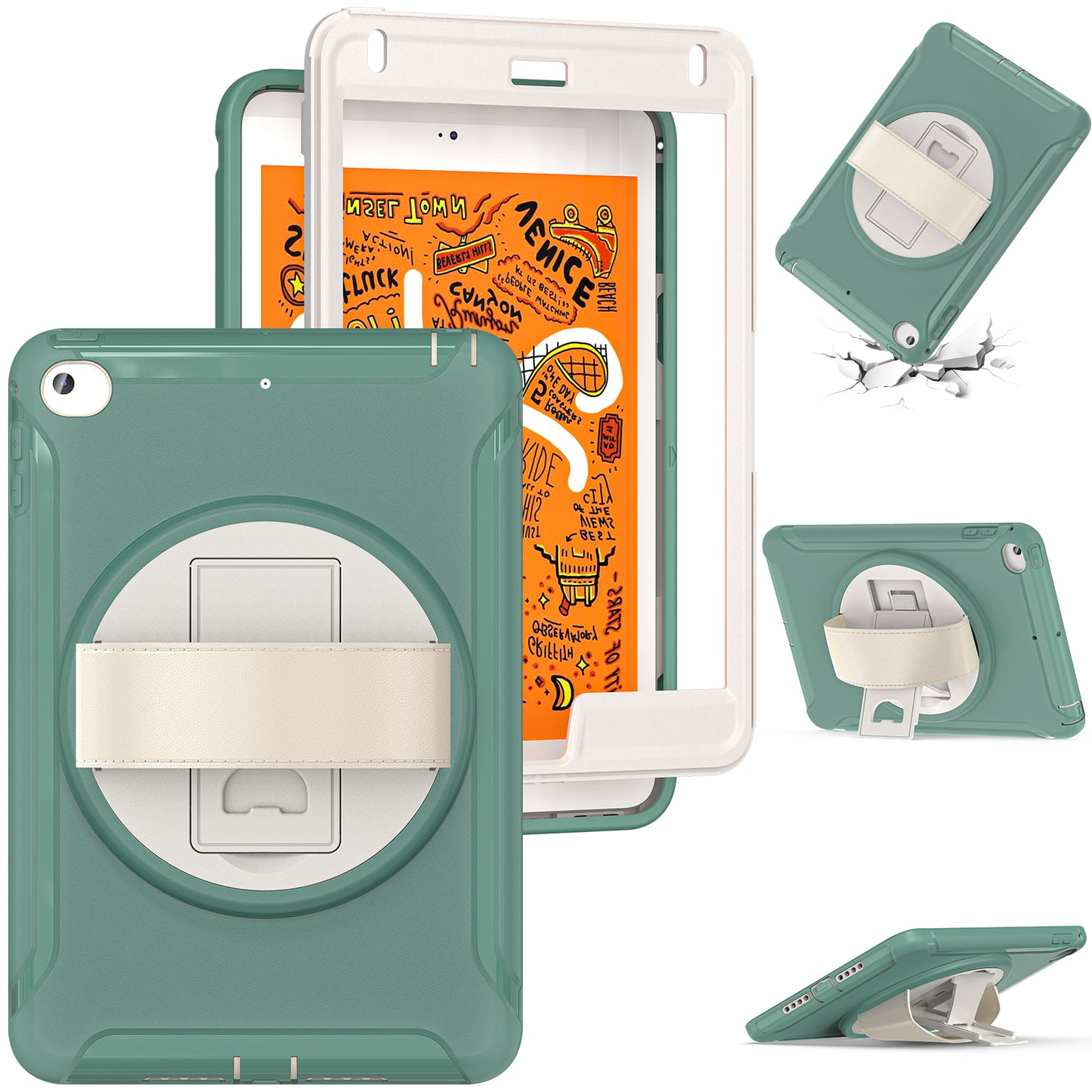 For iPad mini (2019) 7.9 inch/iPad mini 4 Rotary Kickstand PC + Silicone Hybrid Cover Anti-drop Tablet Case with Hand Strap